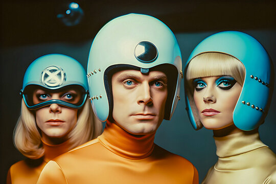 Vintage photo of people wearing retro futuristic costumes reminiscent of sci-fi TV shows of 1960s - 1970s era. AI generated illustration.