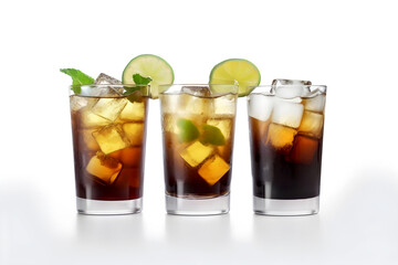 Cuba libre alcohol cocktail with golden rum, lemon juice, cola, lime and ice. AI generated