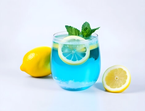 Glass of Blue Lagoon cocktail on white background. Generative AI