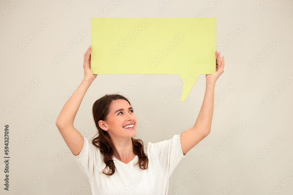 Sticker Speak whats on your mind. a young woman holding up a sign against a white background.