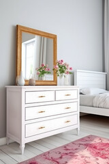 Interior of modern bedroom with wooden chest of drawers and mirror. Ai generative