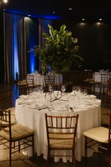 Interior of a restaurant decorated with flowers for a wedding celebration ceremony