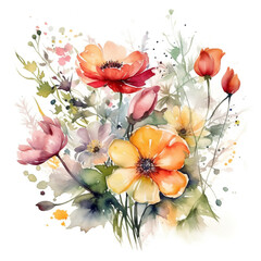 Colorful abstract blooming flowers Botanical watercolor illustration background. Generative AI.