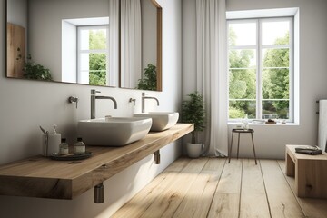 Fototapeta na wymiar White walls, a wood floor, a white sink on a wooden countertop, and a narrow mirror over the sink characterize the interior of a contemporary bathroom. Generative AI