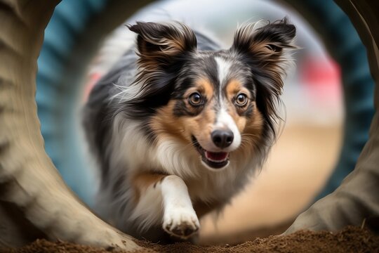An action-packed image of a dog agility competition (Generative AI)