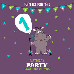 cute baby boy hippo on a scooter, birthday invitation, 1 year, join us for the birthday party