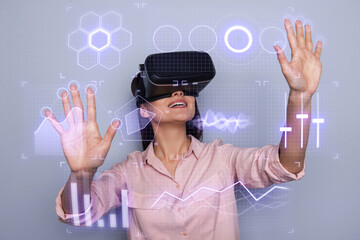 Creative metaphor template collage of lady worker working with goggles touch interface choose menu apps