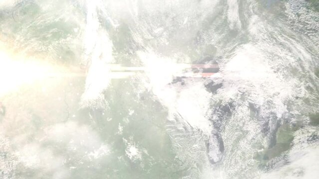 Earth zoom in from outer space to city. Zooming on Duluth, Minnesota, USA. The animation continues by zoom out through clouds and atmosphere into space. Images from NASA