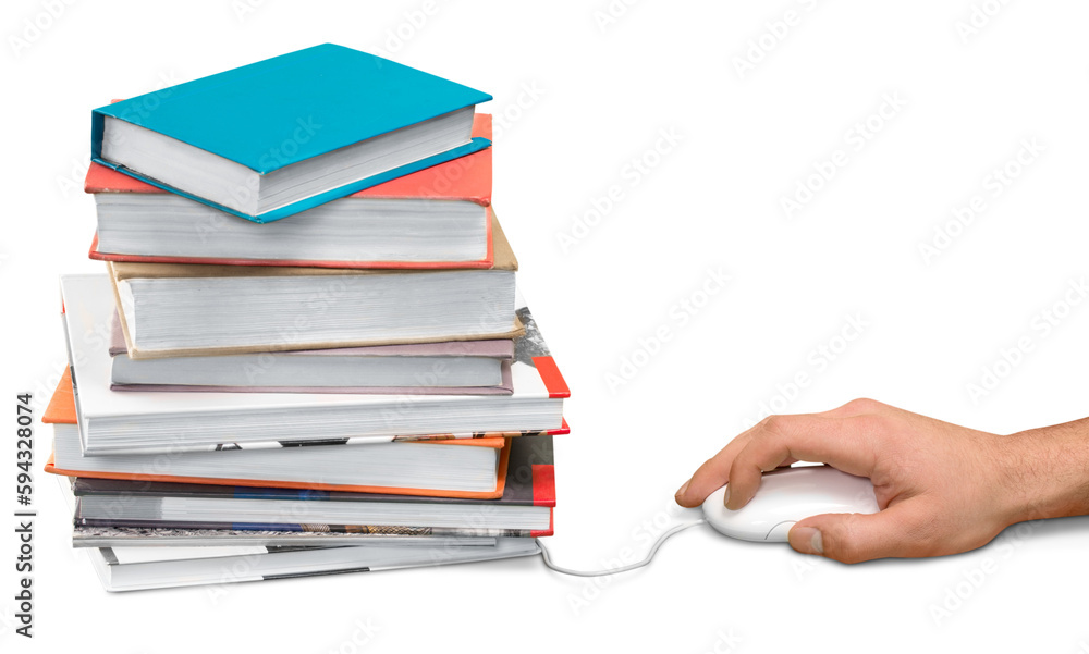 Poster e-learning concept - computer mouse and stack of colorful real books on white background,