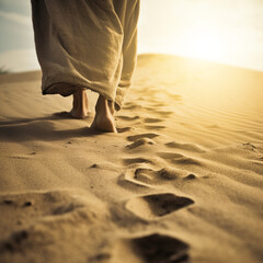 Jesus walking on sand toward the rising sun. Generative AI - obrazy, fototapety, plakaty