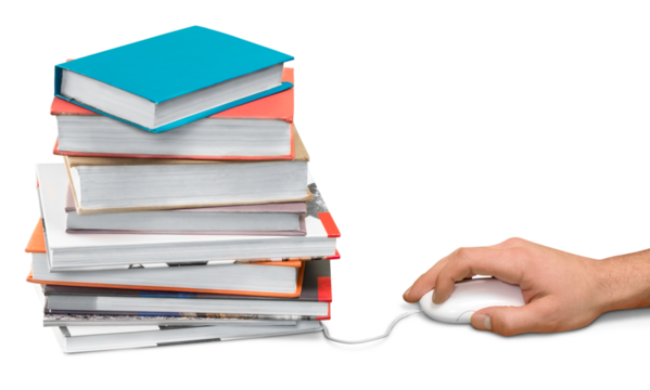 E-learning concept - computer mouse and  stack of colorful real books on white background,