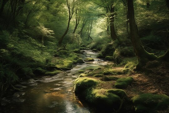 Babbling Spring Brook: A soothing image of a babbling spring brook (Generative AI)