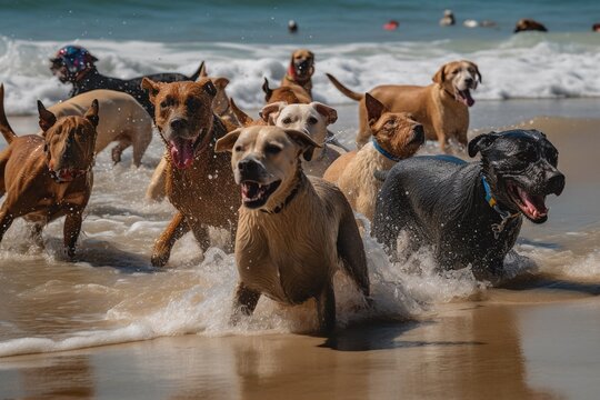 A lively image of a canine beach day, where dogs of all shapes and sizes revel in the freedom and excitement of playing in the sand and surf (Generative AI)