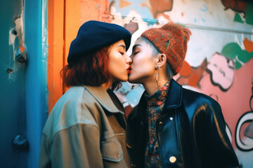 Young lesbian couple kissing on the street to celebrate LGBTQIA+ pride day Generative AI