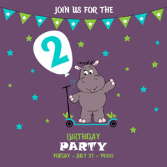cute baby boy hippo on a scooter, birthday invitation, 2 years, join us for the birthday party