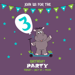 cute baby boy hippo on a scooter, birthday invitation, 3 years, join us for the birthday party