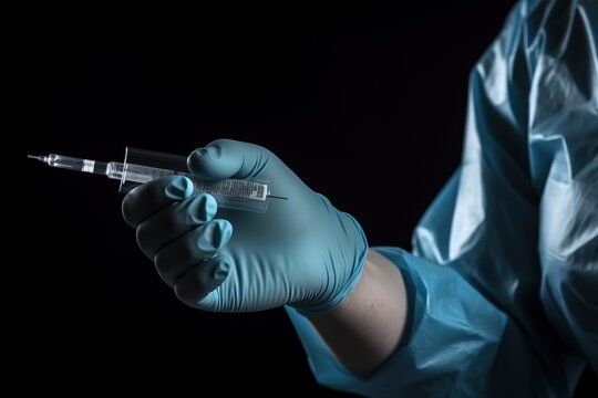  a person in blue gloves holding a syquet in their hand with a needle in the tip of the syringe in their left hand.  generative ai