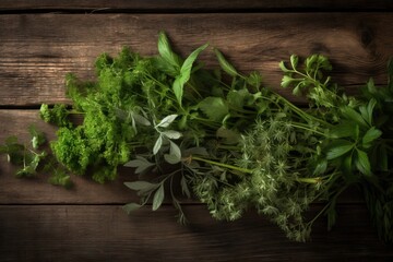  a bunch of green herbs on a wooden table with leaves and herbs in the middle of the picture and the top of the bunch of the herbs on the table.  generative ai