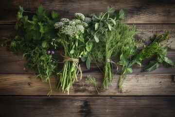  a bunch of green herbs on a wooden table with a string tied around them and tied to a piece of wood with a knot around them.  generative ai