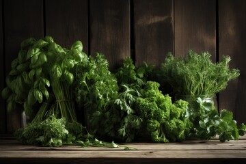  a bunch of green vegetables sitting on a wooden table next to each other on a wooden table with a wooden background behind them and a glass jar of green leafy greens.  generative ai
