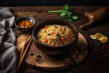  a bowl of rice with chopsticks and a bowl of soup on a wooden board on a wooden table with a gray cloth and a wooden spoon. generative ai