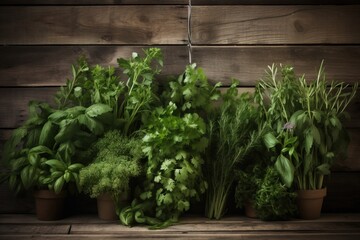  a bunch of different types of herbs in pots on a shelf next to a wooden wall with a sprig of parsley in the middle.  generative ai