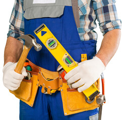 Fototapeta na wymiar Worker with a tool belt. Isolated over white background.