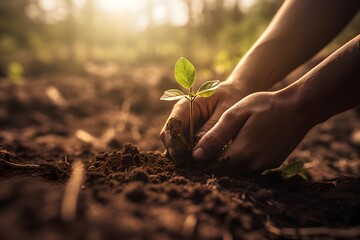 Hands Planting a Sapling: A heartwarming image of hands planting a young sapling, symbolizing the hope and commitment to nurturing the growth of a healthier, greener planet (Generative AI)