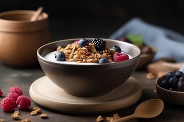  a bowl of granola with berries and blueberries on a table next to a bowl of cereal and a wooden spoon with a wooden spoon.  generative ai