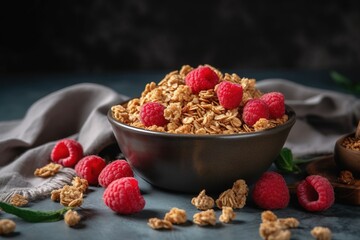  a bowl of granola with raspberries and a spoon on a table with a cloth and a wooden spoon on the side of the bowl.  generative ai