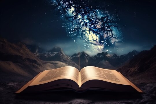  an open book with an image of a galaxy in the sky above it and mountains in the background with stars in the sky above it.  generative ai