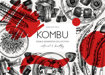 Collage-style Kombu banner design. Edible seaweed drawings. Hand-drawn sea vegetable illustrations. Healthy food vector background. Japanese cuisine trendy restaurant menu template © sketched-graphics