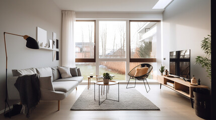 Naklejka na ściany i meble A living room of a beautiful bright modern Scandinavian style house with large windows opening, generative AI