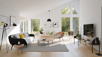  A living room of a beautiful bright modern Scandinavian style house with large windows opening, generative AI