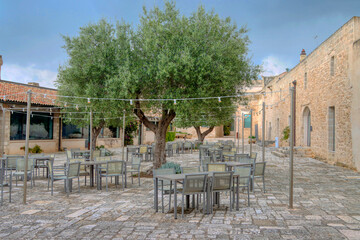 Overview of a typical Apulian masseria with olive trees. Puglia, Italy