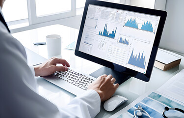 Doctor working on modern computer, medical analysis. Medical concept. Generative AI