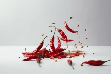  a pile of red peppers falling into a pile of red chili peppers on a white surface with a few pieces falling off of the top.  generative ai