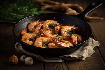  a skillet filled with cooked shrimp on top of a wooden table next to garlic and parsley on the side of the skillet.  generative ai