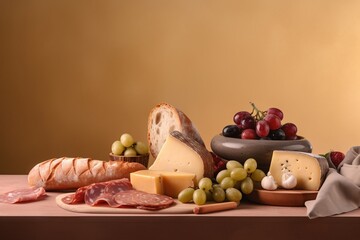  a table topped with different types of cheeses and meats next to a bowl of grapes and a plate of meats and cheese.  generative ai