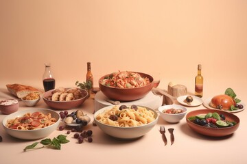  a table topped with bowls of food and a bottle of wine on top of a table covered in plates and bowls of food and a bottle of wine.  generative ai