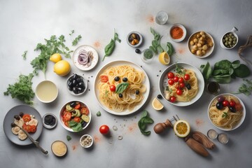  a table topped with plates of food and bowls of sauces and sauces on top of a white tablecloth covered in vegetables and pasta.  generative ai