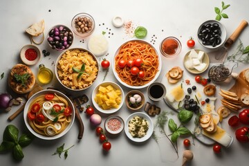  a table topped with bowls of food and bowls of sauces and sauces on top of each other next to a plate of food.  generative ai