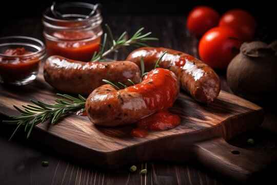  a couple of sausages on a wooden cutting board next to some tomatoes and a jar of ketchup on a wooden table with a sprig of rosemary.  generative ai