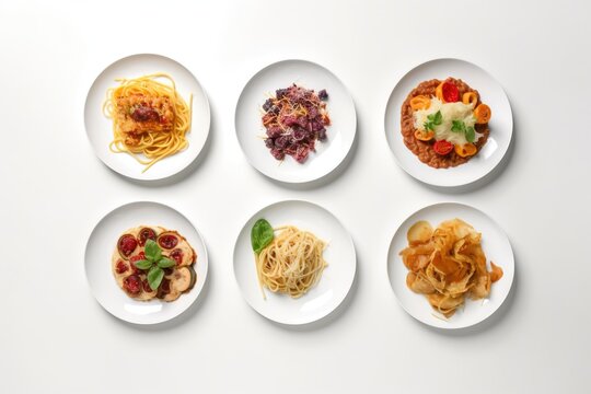  six plates of different types of food on a white table top with a white table cloth and a white table cloth with a white table cloth.  generative ai