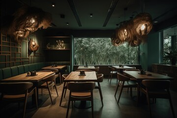  a dimly lit restaurant with wooden tables and chairs and a large window overlooking a jungle area with hanging plants and hanging lights above the tables.  generative ai
