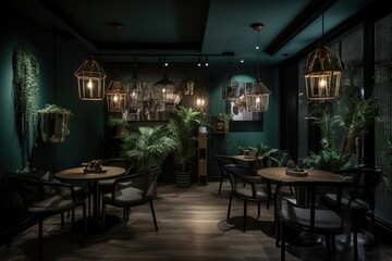 Fototapeta na wymiar a dimly lit restaurant with green walls and wooden tables and chairs and hanging plants on the wall and a green wall behind the tables and chairs. generative ai