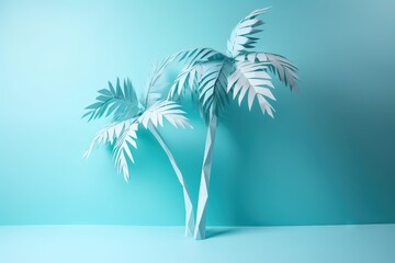 Fototapeta na wymiar a paper palm tree is shown against a blue background with a shadow of the palm tree on the left side of the image and a shadow of the palm tree on the right side. generative ai