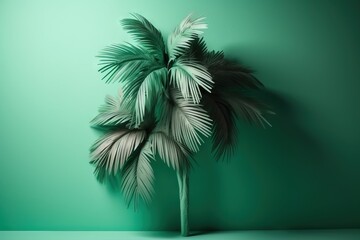 Fototapeta na wymiar a palm tree is shown against a green background with a shadow of the palm tree on the left side of the image is a green wall. generative ai