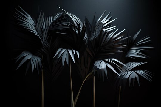 a black and white photo of palm trees in the dark night sky with a full moon in the distance behind it and a black background.  generative ai