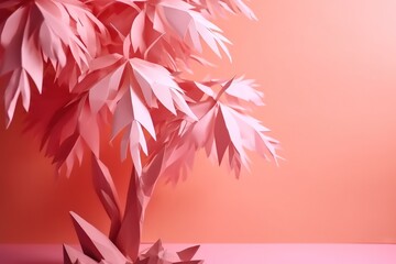  a pink paper sculpture of a tree on a pink surface with a pink background and a pink wall in the background with a pink wall.  generative ai